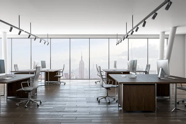 Zeitgenössisches Coworking Bürointerieur Mit New Yorker Stadtblick Und Tageslicht Darstellung — Stockfoto