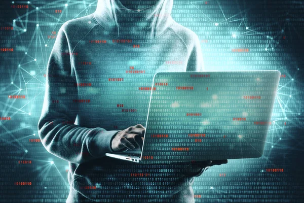 Jovem Hacker Usando Laptop Com Interface Código Binário Digital Conceito — Fotografia de Stock