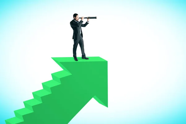 Young Businessman Top Abstract Green Arrow Ladder Sky Background Career — Stock Photo, Image