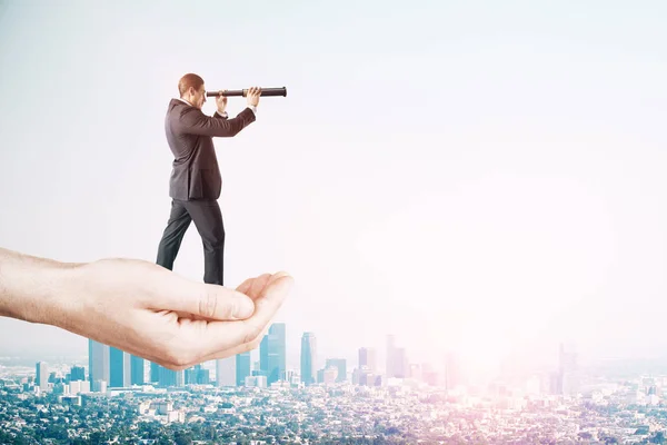 Research Success Concept Hand Holding Businessman Telescope Sky Background Copy — Stock Photo, Image