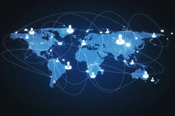 Digitální Mapa Připojení Zářící Modré Pozadí Celém Světě Komunikační Koncept — Stock fotografie