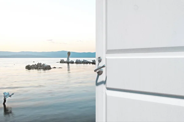 Beyaz Kapı Yaratıcı Göl Manzaralı Açma Tatil Kavramı Render — Stok fotoğraf