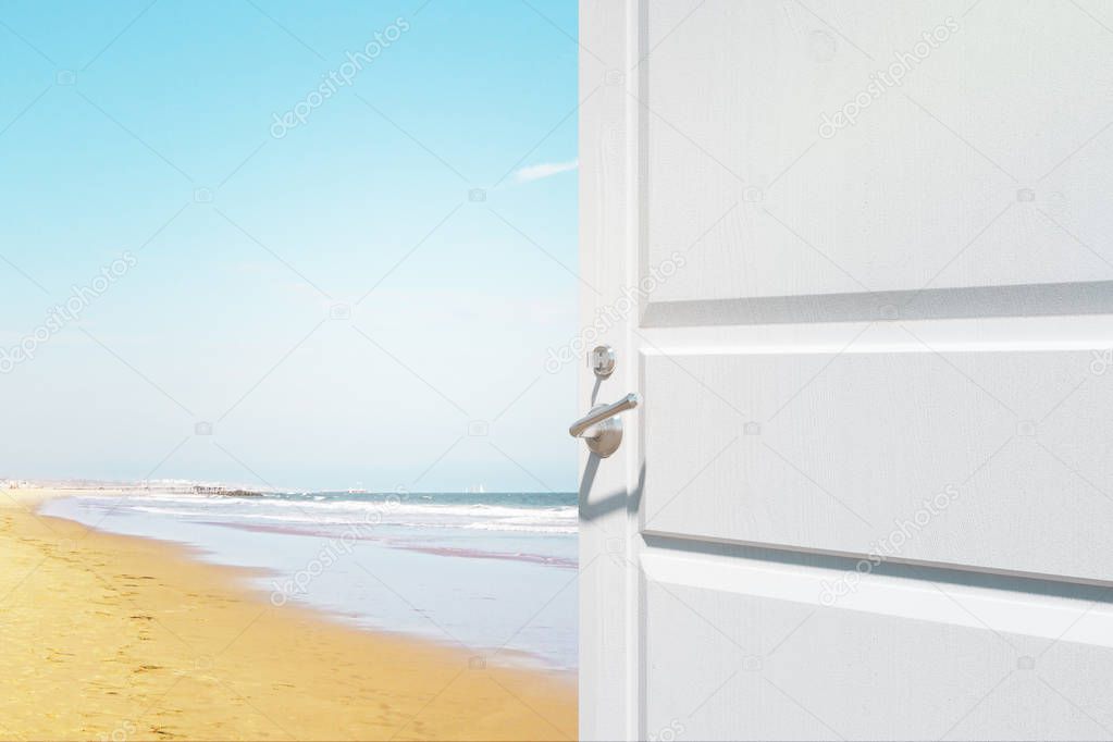 Opening white door with creative seaside view. Holiday concept. 3D Rendering