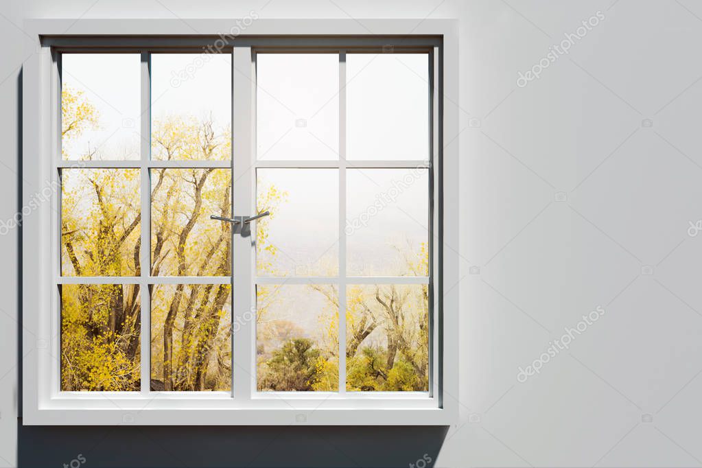 Modern window with landscape view and copy space on concrete wall. Home and design concept. 3D Rendering 