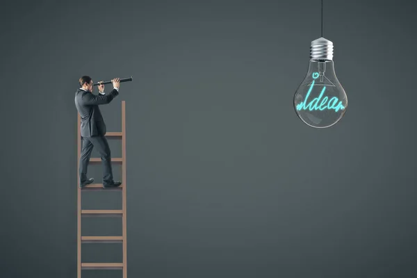 Businessman Ladder Using Telescope Look Hanging Light Bulb Dark Wall — Stock Photo, Image