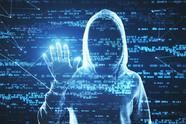 Hacker Utilizzando Astratto Blu Interfaccia Numerica Digitale Con Mano Cyberspazio — Foto Stock