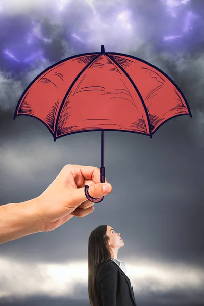 Mano Sosteniendo Paraguas Rojo Dibujado Sobre Mujer Negocios Fondo Nublado — Foto de Stock