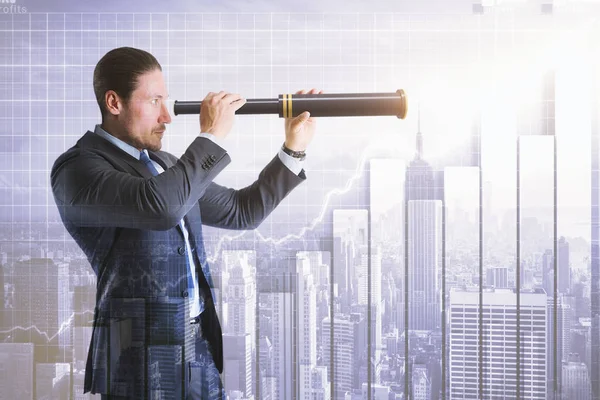 Side View Attractive Young Businessman Using Telescope Abstract New York — Stock Photo, Image