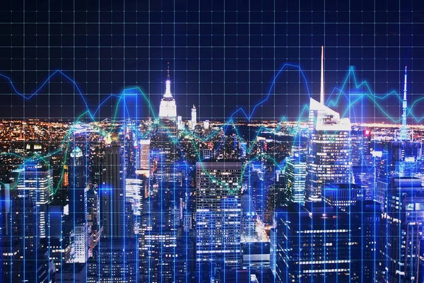 Creative glowing blue night new york city background with grid forex chart. Trade and finance concept. Double exposure