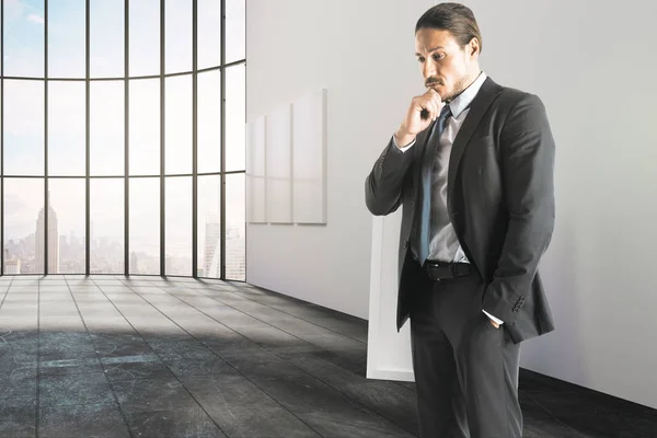 Thoughtful Young Businessman Standing Modern Office Interior View Daylight Boss — Stock Photo, Image