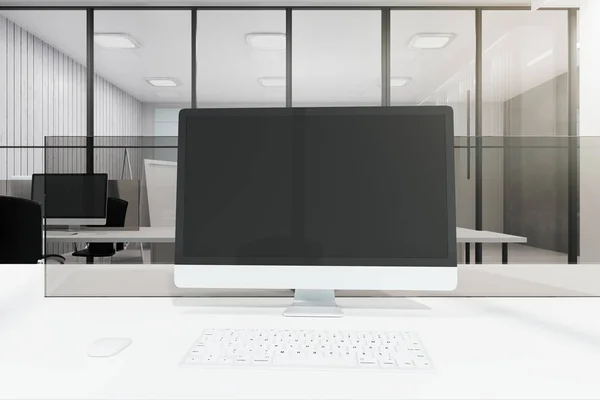 Clean white office with empty computer screen on desk. Workpace concept. Mock up, 3D Rendering