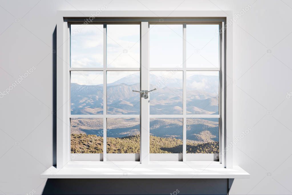Creative window with landscape view. Home and design concept. 3D Rendering 