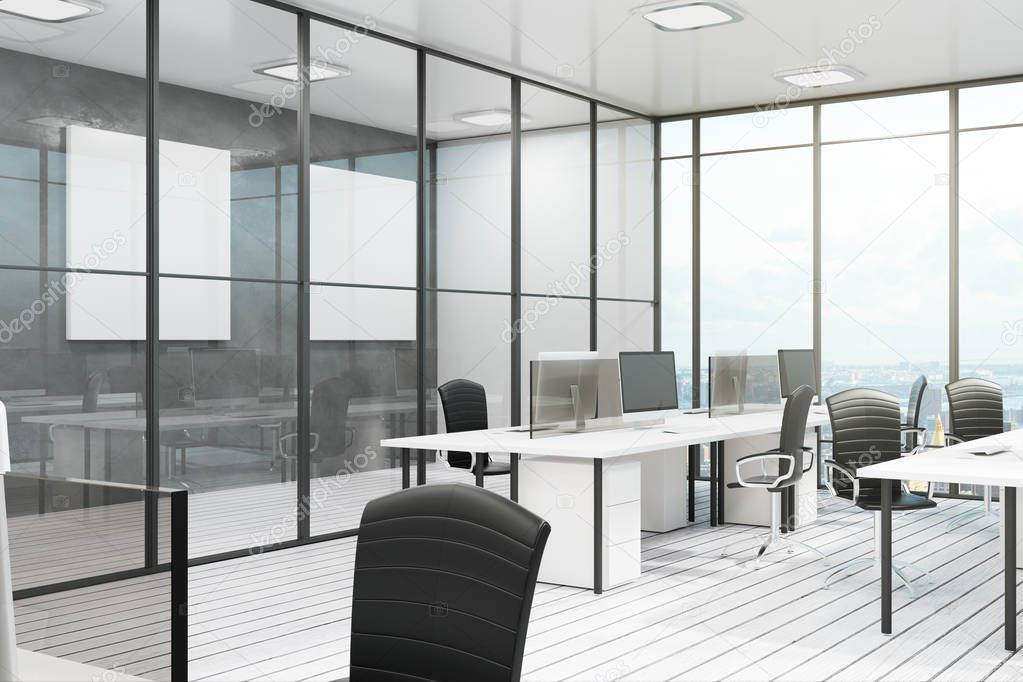 Bright coworking office interior with city view, furniture and daylight. 3D Rendering 
