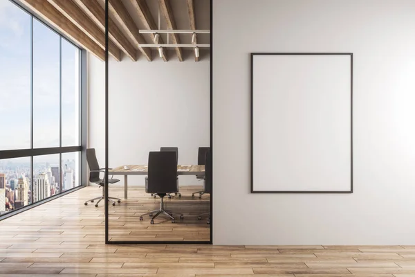 Moderno Interior Sala Reuniones Con Pancarta Vacía Pared Hormigón Muebles —  Fotos de Stock