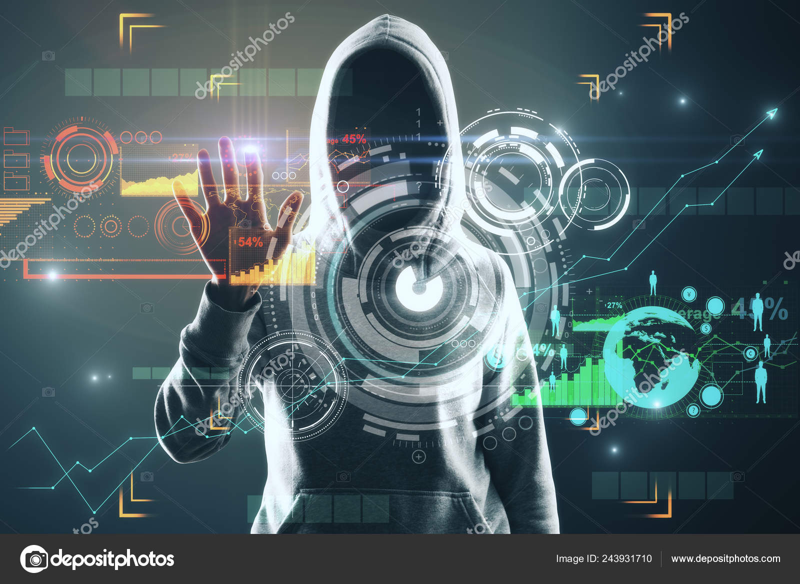デジタル ビジネス インタ フェースを持つ若いハッカー Hud とハッキングのコンセプトです 二重露光 ストック写真 C Peshkov