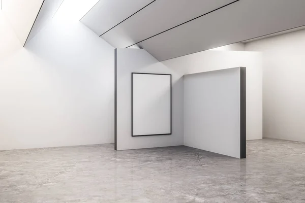 Clean concrete exhibition hall interior with copyspace and gray floor. Gallery concept. Mock up, 3D Rendering