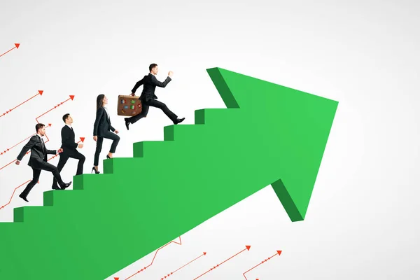 Young Businesspeople Running Abstract Green Arrow Ladder Sky Background Teamwork — Stock Photo, Image