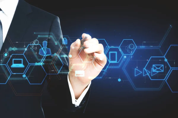 Geschäftsmann Hand Mit Digitaler Geschäftsoberfläche Auf Blauem Hintergrund Innovations Und — Stockfoto
