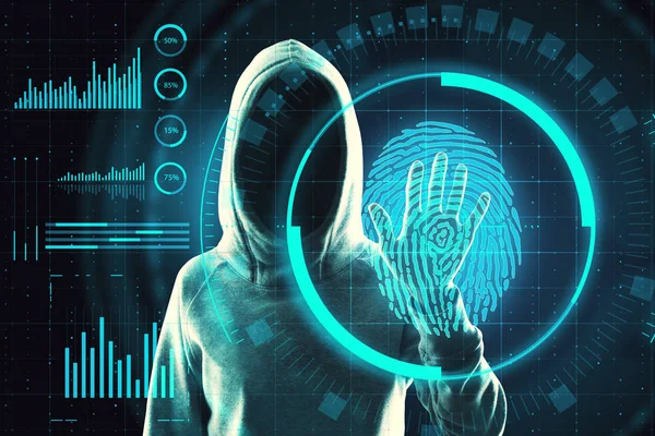 黑客手扫描指纹的 数据盗窃和犯罪概念 双重曝光 — 图库照片
