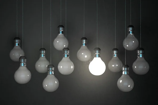 Gloeiende Lightbulbs Betonnen Muur Achtergrond Concept Idee Innovatie Rendering — Stockfoto