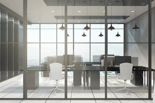 简约的办公室内饰与家具 设备和窗户与全景城市和天空的看法 设计理念 — 图库照片