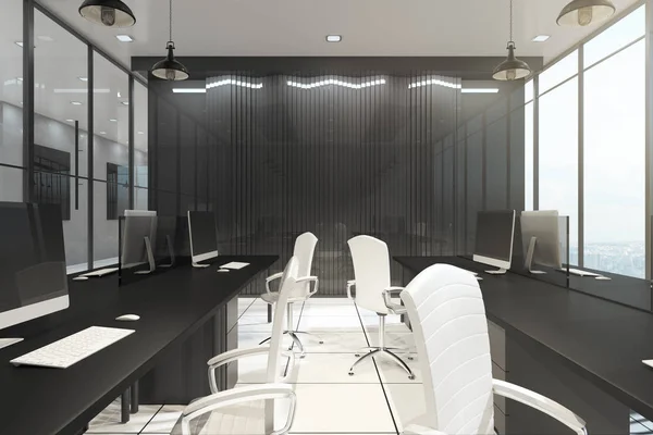 Moderno Interior Oficina Con Muebles Equipamiento Ventana Con Vista Panorámica —  Fotos de Stock