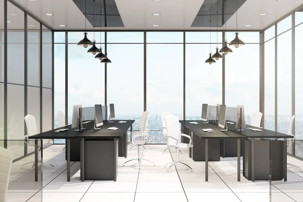 Modern Office Interior Furniture Equipment Window Panoramic City Sky View — Stock Photo, Image