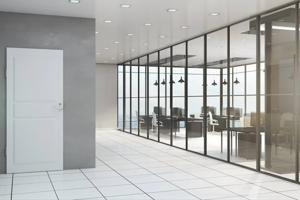 Zeitgenössisches Büroflur Interieur Mit Möbeln Weißer Tür Und Fenster Mit — Stockfoto