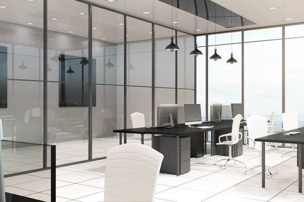 Luxus Büroeinrichtung Mit Möbeln Ausstattung Und Fenster Mit Blick Auf — Stockfoto