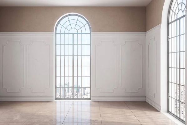 Contemporary Empty Classical Interior Tile Floor Concrete Wall Window City — Stock Photo, Image