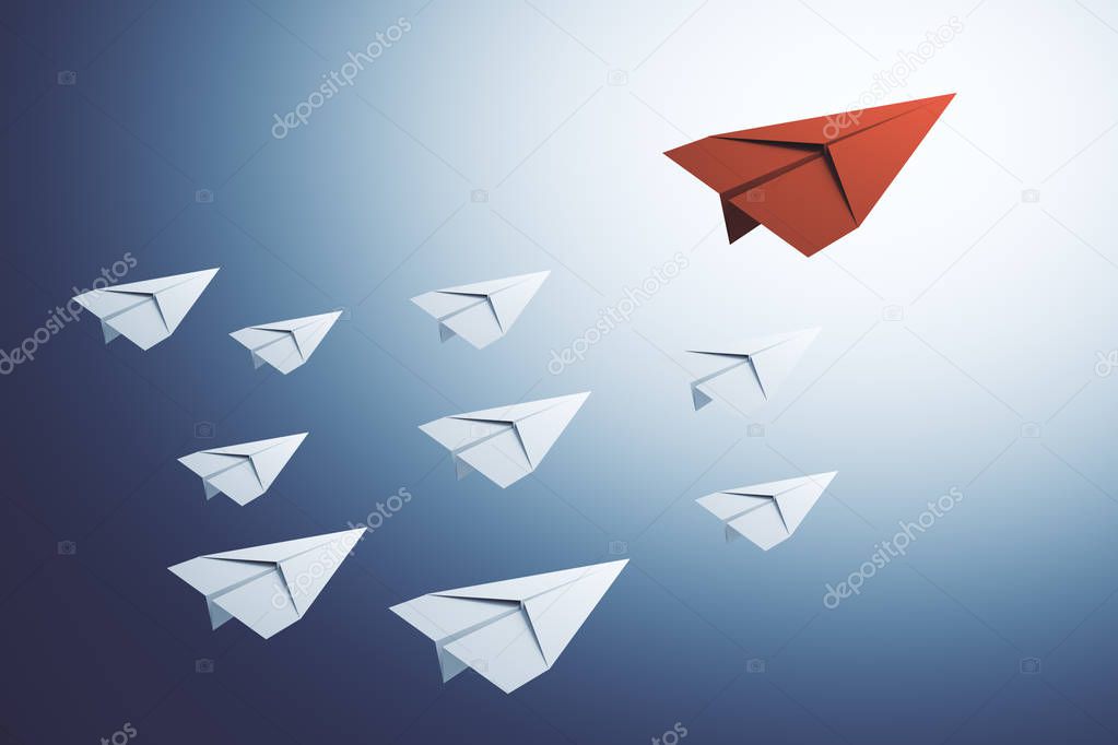 Creative paper planes on blue background. Leadership and follow concept. 3D Rendering 