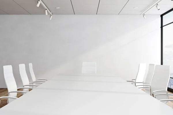Moderne Møterom Innvendig Med Tomt Kopirom Betongvegg Panoramautsikt Dagslys Møbler – stockfoto