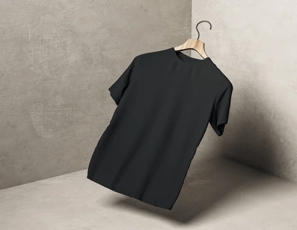 Abstraktní Levitující Černé Tričko Závěs Konkrétní Rohu Stínem Obchod Tkaniny — Stock fotografie