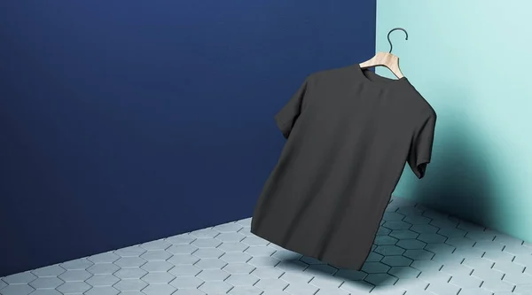 Abstrakt Schwebendes Schwarzes Shirt Auf Kleiderbügel Betonblau Mit Schatten Store — Stockfoto