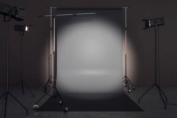 Σύγχρονο Φωτογραφικό Στούντιο Εξοπλισμού Επαγγελματικού Φωτισμού Και Μαύρο Φόντο Έννοια — Φωτογραφία Αρχείου