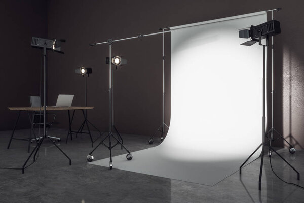 Side view of contemporary photo studio with professional lighting equipment and white background. Photgraphy concept. Mock up, 3D Rendering 