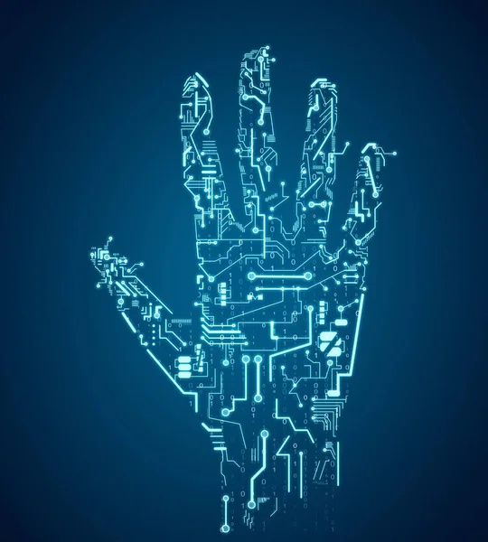 Creative blue circuit hand on dark background. Robotics and ai concept. 3D Rendering