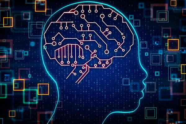 Abstracte Wazig Hoofd Omtrek Met Circuit Hersenen Kunstmatige Intelligentie Codering — Stockfoto