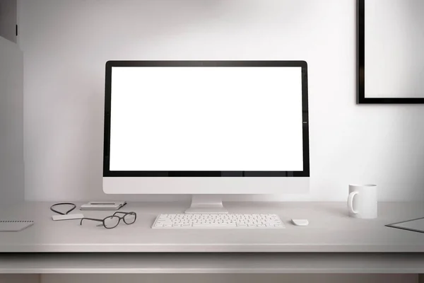 Moderner Desktop Mit Leerem Weißen Computerbildschirm Modernen Bürointerieur Design Und — Stockfoto