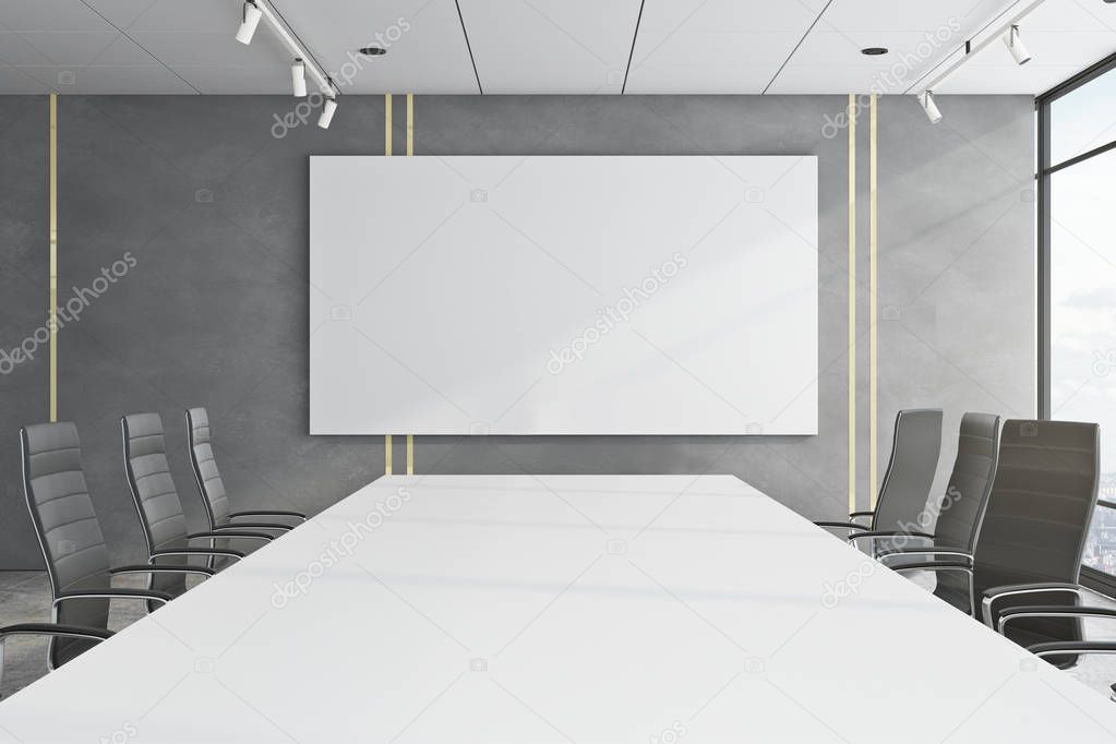 Modern conference room interior with empty copyspace on concrete wall, panoramic city view, daylight and furniture. Mock up, 3D Rendering 