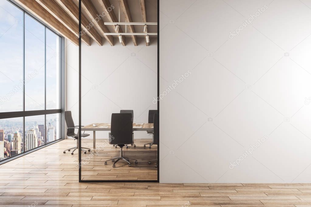 Light meeting room interior with copy space on concrete wall, furniture, wooden floor and panoramic city with sky view. 3D Rendering 