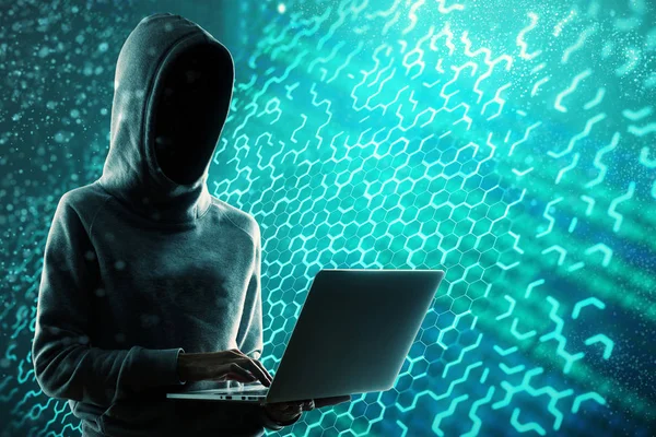 Zijaanzicht Hacker Laptop Met Creatieve Zeshoekige Interface Strafrecht Malware Concept — Stockfoto