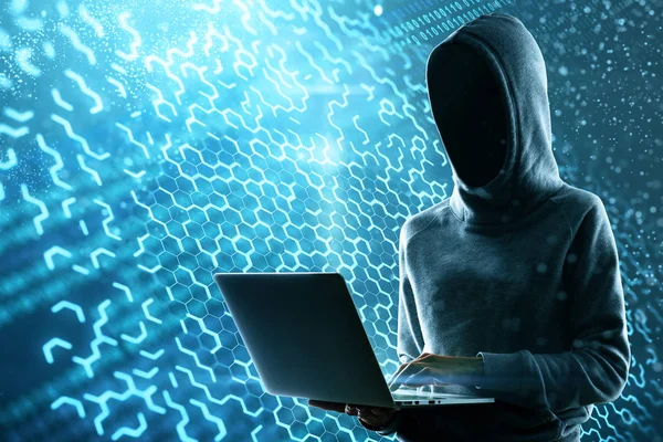 Seitenansicht Und Von Hacker Mit Laptop Mit Kreativer Sechseckiger Schnittstelle — Stockfoto