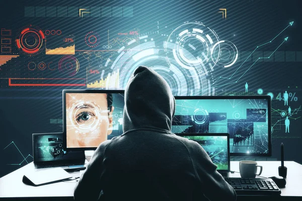 Hacker Desk Using Computer Glowing Interface Malware Face Access Concept — Stock Photo, Image