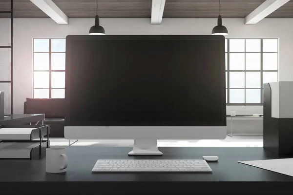 Tervező Asztalon Üres Fekete Monitor Belső Hivatal Modern Design Hirdetési — Stock Fotó