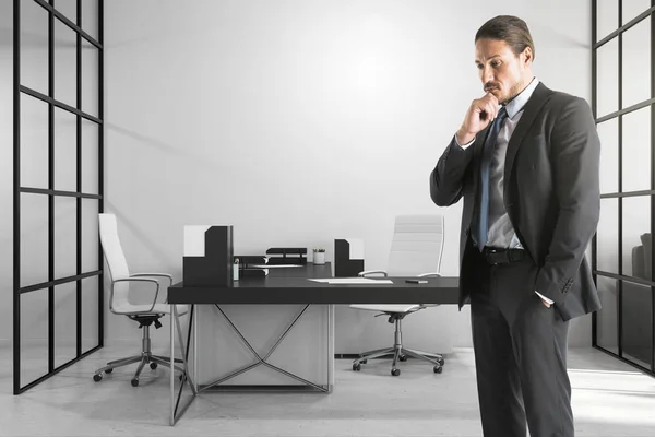Thoughtful Young European Businessman Standing Modern Office Interior Boss Research — Stock Photo, Image