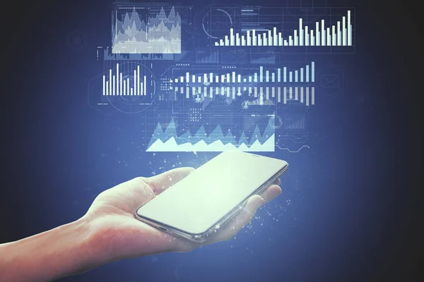 Handhaltendes Smartphone Mit Digitaler Finanzgeschäftsoberfläche Analytik Und Netzwerkkonzept — Stockfoto