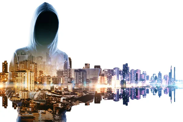 Hacker Laptop Standing Abstract City Background Hacking Technology Concept Double — Stock Photo, Image