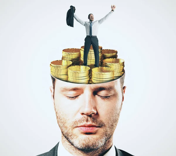 Abstract Businessman Face Portrait Shut Eyes Golden Coins Brain White — Stock Photo, Image