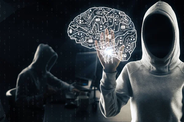 Hacker Mit Schaltkreis Gehirn Schnittstelle Auf Schwarzem Hintergrund Und Kriminelles — Stockfoto